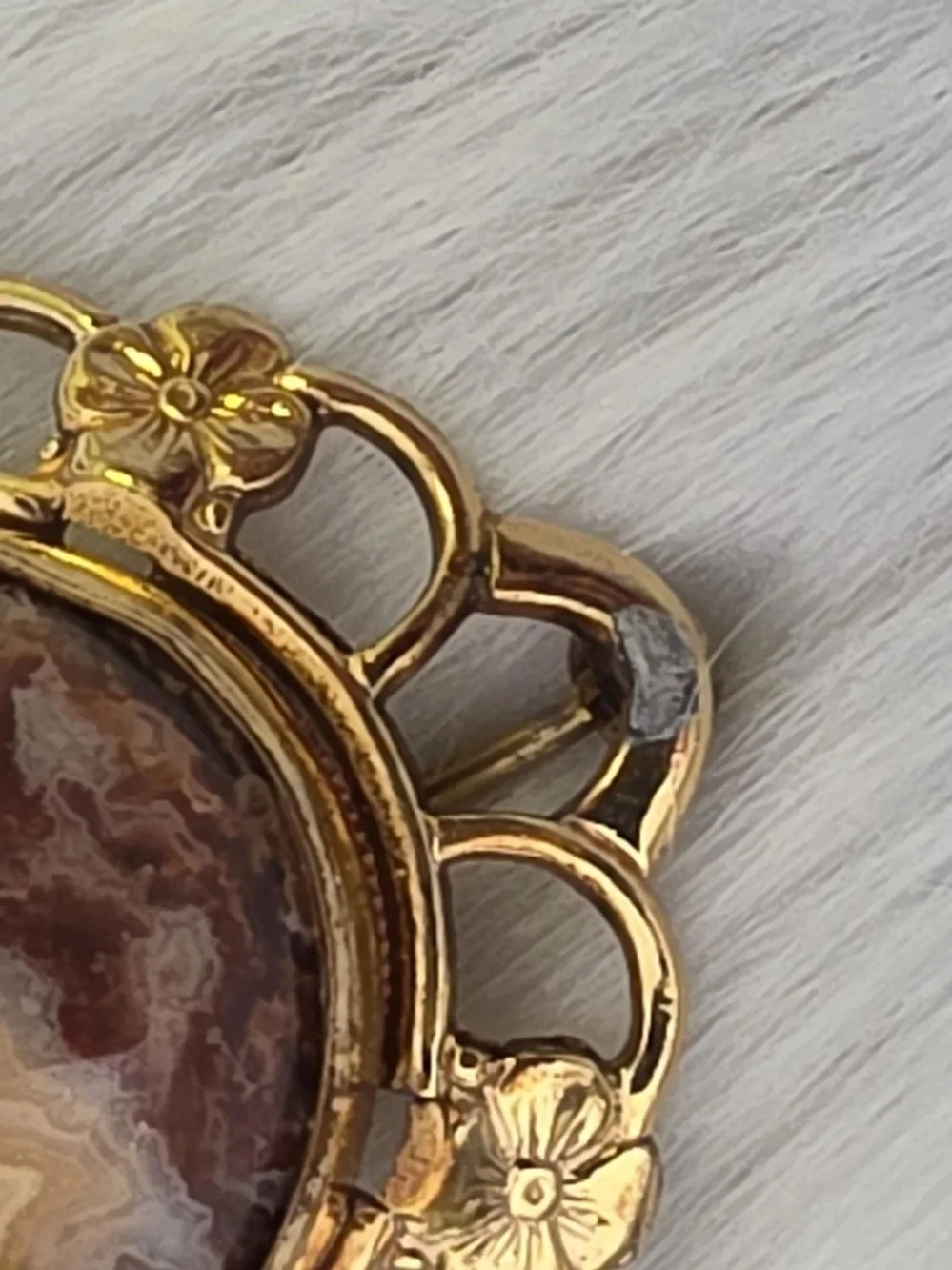 Vintage Signed White Co Gold Filled Crazy Lace Agate Oval Floral Brooch